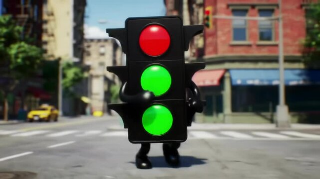 Traffic light comically makes a run for it in downtown street at intersection