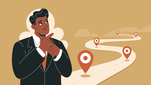 businessman envisioning a strategic roadmap with location pins, vector illustration for long-term vision, business strategy and career path planning