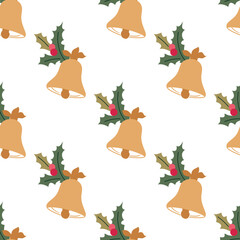 Christmas bell vector seamless pattern. New Year ornament with hand drawn bells, wreathes for wrapping, scrapbook paper, textile design