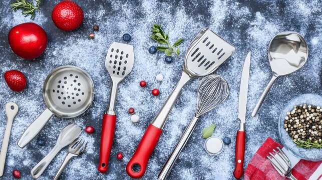 Red-Handled Kitchen Utensils Flatlay with Berries - Powered by Adobe