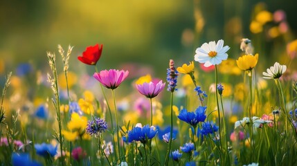 Fototapeta premium Colorful wildflowers bloom brightly in a sunlit meadow during daytime