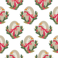 Christmas festive geese vector seamess pattern. Hand drawn cute poultry with new year wreathes and bows for wrapping, textile, scrapbooking paper. 