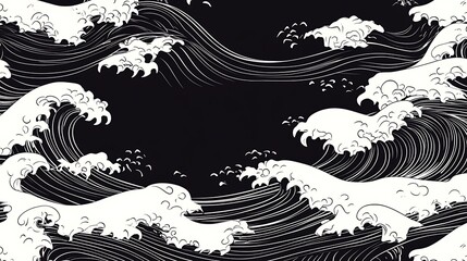 Japanese style wave pattern black and white art ocean water crests nautical theme asian inspired design