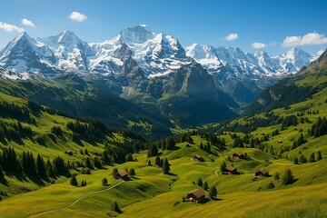 Obraz premium Scenic Swiss Alps with snowy peaks, lush green valleys, and rustic wooden chalets under a clear blue sky. A breathtaking travel destination perfect for nature lovers seeking serenity and alpine advent