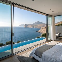 Fototapeta premium Modern bedroom with a large window overlooking a serene ocean view. The room features a bed, minimalist decor, and a swimming pool outside.