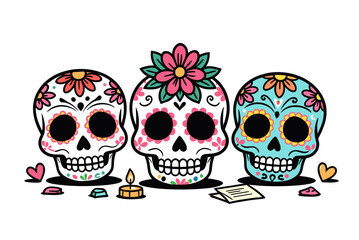 Colorful Sugar Skulls with Floral Decorations and Candle for Day of the Dead Illustration