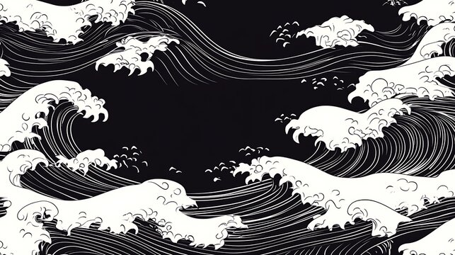 Japanese style wave pattern black and white art ocean water crests nautical theme asian inspired design