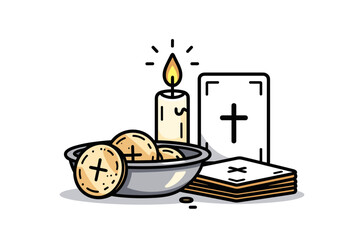 Obraz premium Illustration of Christian Religious Symbols: Candle, Bible, and Communion Bread for Faith and Spirituality