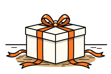 Illustration of a White Gift Box with Orange Ribbon and Bow, Present for Celebration