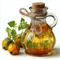 Glass bottle of pumpkin seed oil with herbs and fresh decorative mini pumpkins on white background
