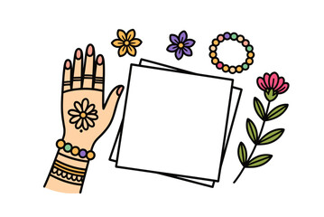 Henna Decorated Hand with Flowers and Blank Paper Illustration for Invitations and Creative Designs