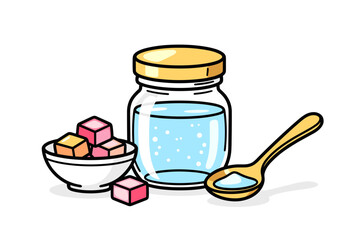 Simple Syrup Preparation Illustration with Sugar Cubes, Water Jar, and Spoonful of Sugar for Culinary Use