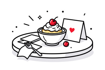 Delicious Dessert with Cherry Topping and Love Note on a Tray, Minimalist Line Art Illustration