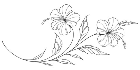 flower and leaves drawing. Vector hand drawn engraved floral card. Botanical, branch and flower Black ink sketch. Great for tattoo, invitations, greeting cards, decor