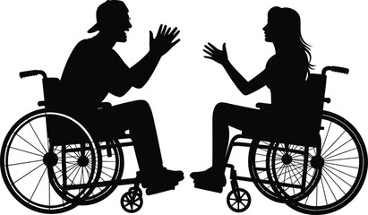 Silhouette of disabled couple in wheelchair, discussing, communication, inclusion, accessibility, support, community, independence, diversity, equality, mobility, interaction, health