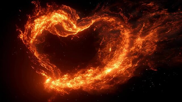In the total blackness of an empty void, a heart-shaped inferno rages. It is not a gentle flame but a swirling, violent vortex of fire and smoke.