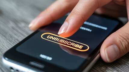 Unsubscribe from Notifications: A finger hovers over the "unsubscribe" button on a phone screen, highlighting the act of opting out from unwanted digital communications.