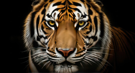 Naklejka premium Majestic Tiger Emerges from Darkness Captivating with Intense Gaze