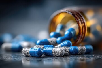 Close up of blue capsule pills, medical or healthcare concept