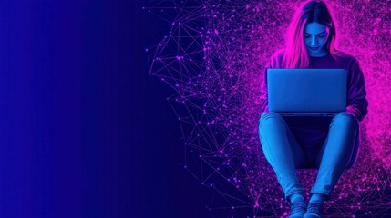 A young woman focuses intently on her laptop against a vibrant, abstract background, This image can be used for technology, remote work, or digital content themes,