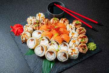 A vibrant sushi platter delights the senses with its beautiful arrangement and colors
