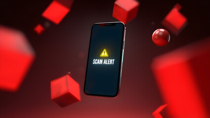 A scam alert appears on a smartphone screen surrounded by red cubes, warning of online fraud