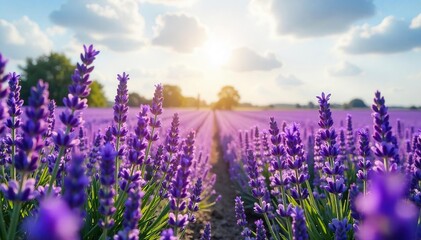 Fototapeta premium Tranquil Lavender Field in Provence Blossoms Swaying Gently in Summer Sunlight