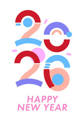 Geometric image of the year 2026 made of colorful shapes. Perfect for modern greeting cards, media covers, and posters with a futuristic aesthetic.