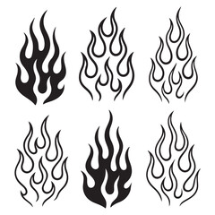  Black and white flame silhouette and outline style. Retro fire aesthetics, with flames.Flame silhouettes in 
classic 90s style, motorcycle and hot rod car style. Vector set