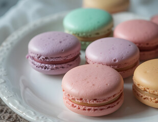 Obraz premium Assortment of colorful macarons, sweet meringue-based confections made with almond flour, egg whites, and sugar.