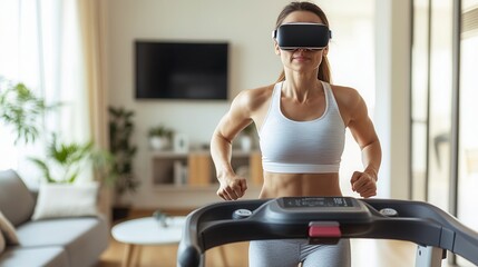 A woman in fitness attire uses a treadmill while wearing virtual reality goggles, integrating technology into her workout routine, This image can be used for health, fitness