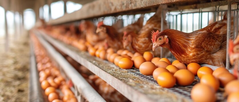 Chickens and eggs in a farm henhouse