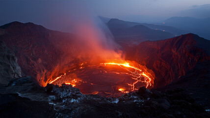 夜明けの火口内で蠢く溶岩湖風景