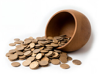 Realistic high-resolution image of a collection of old, varied coins spilled from an overturned wooden bowl, subtle dust, isolated on a pure plain white cyclorama, even studio lighting.