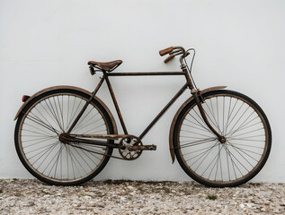 Rusted vintage bicycle leaning against a white wall