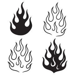  Black and white flame silhouette and outline style. Retro fire aesthetics, with flames.Flame silhouettes in 
classic 90s style, motorcycle and hot rod car style. Vector set