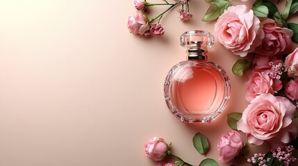 Elegant Perfume Bottle Surrounded by Pink Roses on Soft Beige Background for Beauty and Fragrance Marketing