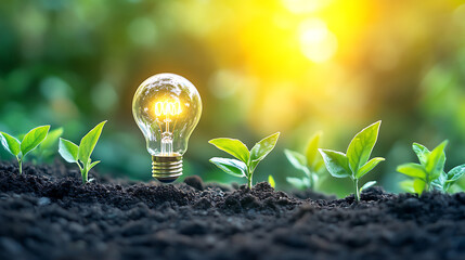 Light bulb with seedlings symbolizing sustainable energy and environmental awareness under warm sunlight revealing a promising future
