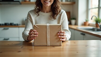 Young woman smiling with a gift box on a kitchen countertop surrounded by sunlight