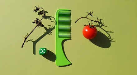 Still life with bright green comb, red tomato, and dice on green background. Minimalistic composition with long shadow.