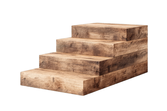 Four rustic wooden steps, slightly angled, showcasing rich grain and texture
