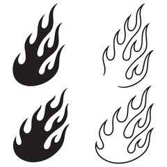  Black and white flame silhouette and outline style. Retro fire aesthetics, with flames.Flame silhouettes in 
classic 90s style, motorcycle and hot rod car style. Vector set