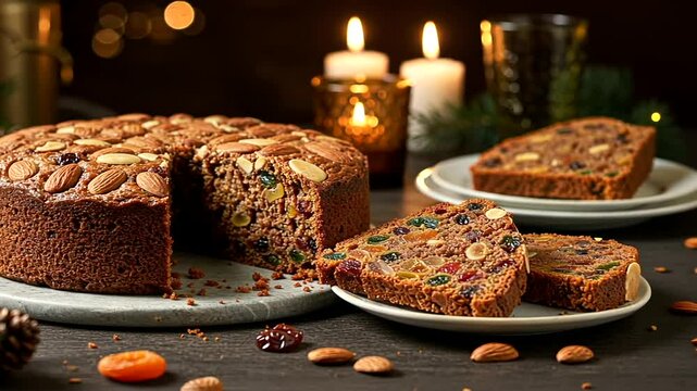 Delicious fruitcake display with almonds and candied fruits for festive occasions