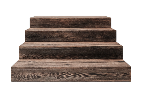 Dark brown, three-step wooden platform, isolated on black background; rustic, simple design