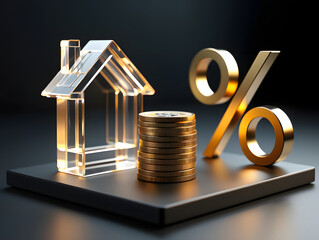 A glass house model sits beside a stack of gold coins and a golden percentage symbol