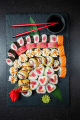 A vibrant sushi roll display tempts diners with diverse flavors and textures