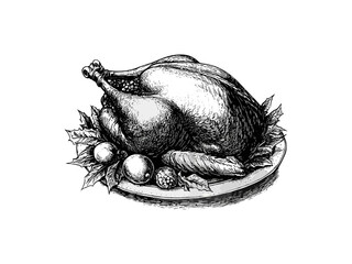 Thanksgiving roasted turkey, holiday feast illustration, vintage black line sketch style, hand-drawn festive decor, old engraving style, trendy autumn harvest celebration art, seasonal dinner design