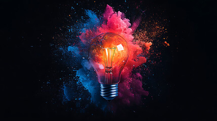 Lightbulb surrounded by vibrant powder explosion represents bright ideas creativity and innovation on a dark backdrop symbolizing discovery