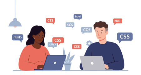 Developers Coding with HTML and CSS – Flat Style Illustration