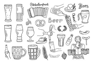 Set of beer theme. Glass of beer, mug with beer,  girl with beer. Tyrolean hat, accordion, pretzel. German culture. Hand drawn